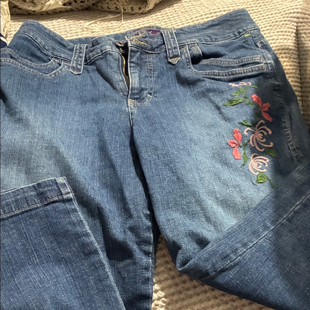 Gloria Vanderbilt Blue Jeans with Pink & Green Floral Embroidery